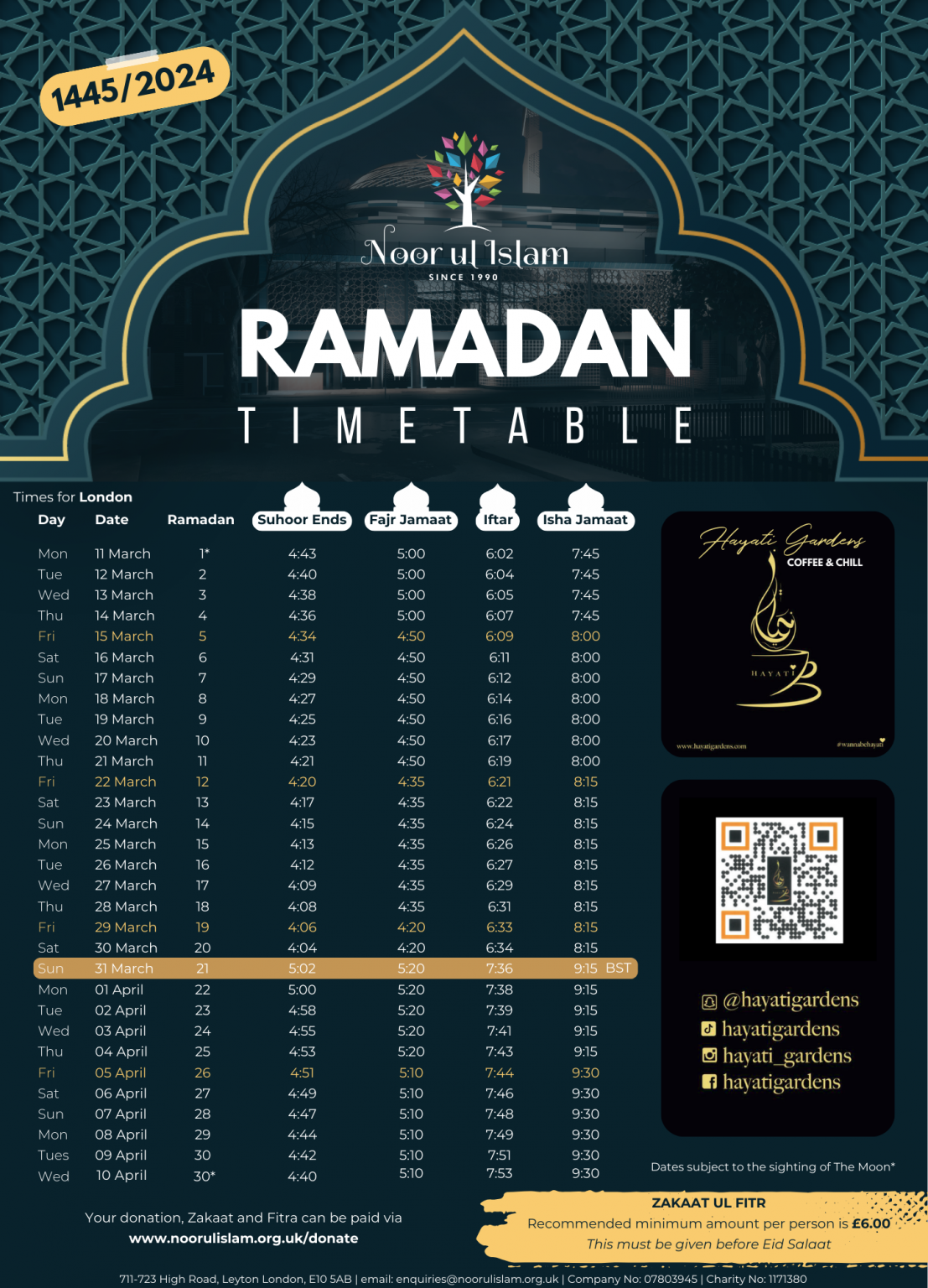 Ramadan Timetable 2024 Noor Ul Islam
